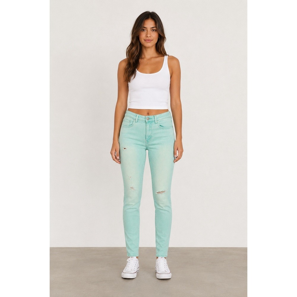 American Eagle Distressed Super Stretch Skinny Jeans Womens Sz 6 Turquoise Denim